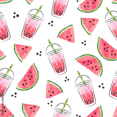 Watermelon bubble tea seamless pattern. Vector background with fruit boba drink in glasses