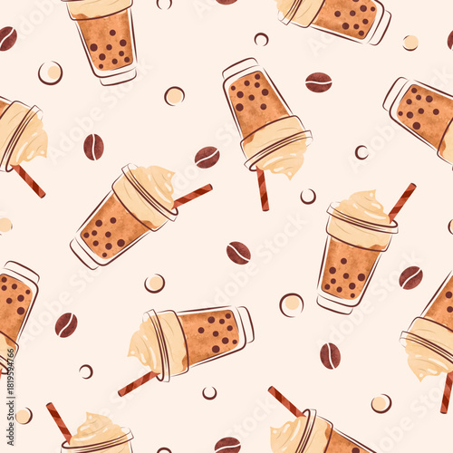 Bubble tea with coffee flavour. Seamless vector pattern with milk tea cups