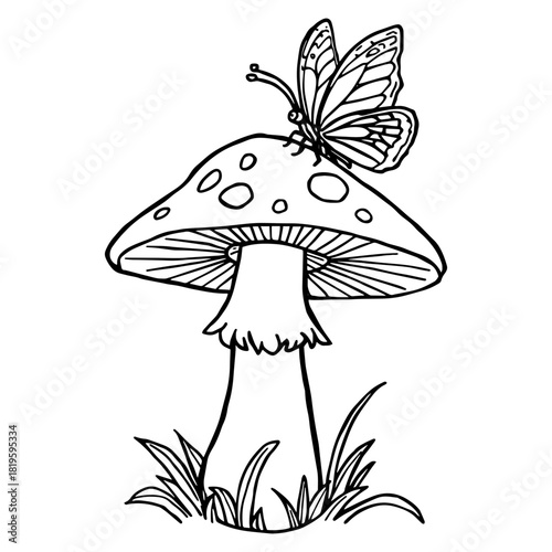 Mushroom & butterfly : A charming black and white line art illustration coloring page