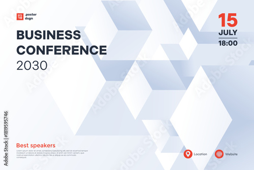 Business conference invitation poster template. Abstract white geometric background with place for your text. Ideal for web banner, poster, flyer, social media. Vector illustration