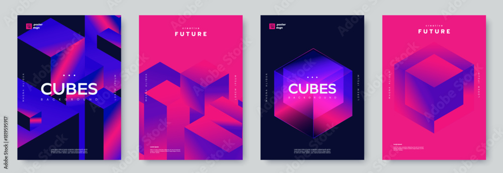 Ταπετσαρία Collection of futuristic geometric posters featuring glowing 3D cubes and vibrant gradients in pink, purple, and deep blue tones