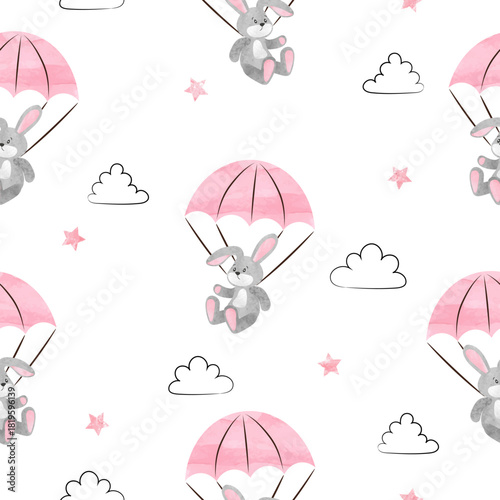 Cute toy bunny with parachute seamless pattern. Vector baby shower girl illus...