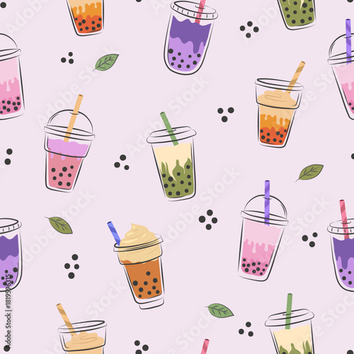 Seamless bubble tea drink pattern. Colorful vector  background with boba in glasses. Tapioca cocktails print