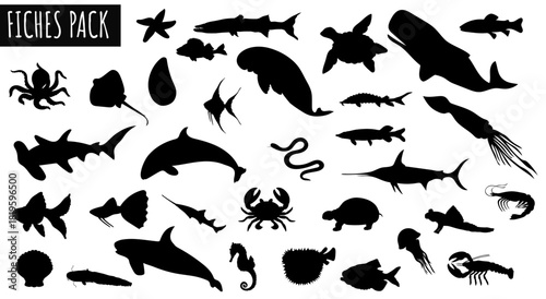 Aquatic Creatures Silhouette Pack: a meticulously crafted collection of sea creatures silhouettes. Each silhouette showcases the beauty and diversity of marine life in a pack.