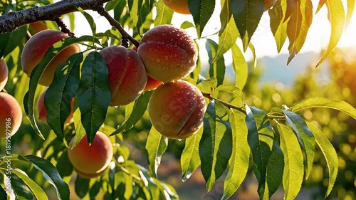 Ripe Peaches Growing on a Tree Branch in Warm Sunlight.