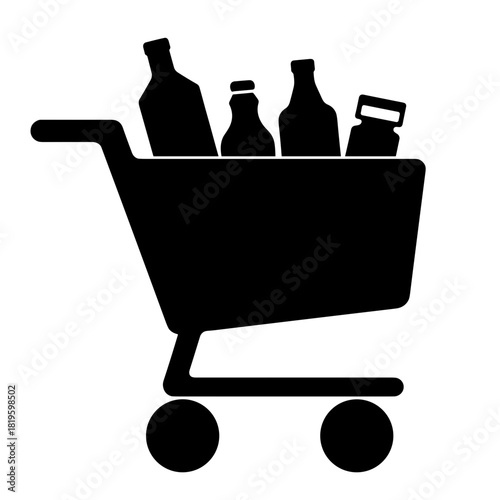 Silhouette of shopping cart with groceries, basic needs and consumer essentials in retail and daily life