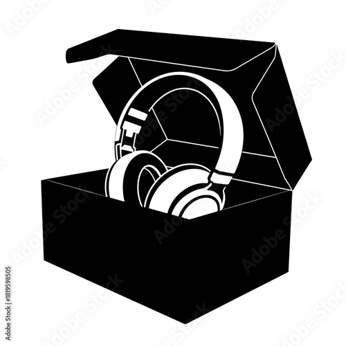 Open box with headphones silhouette, audio equipment packaging and product reveal in consumer electronics