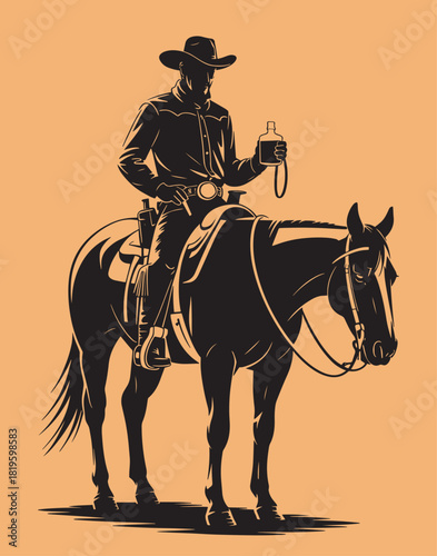 Cowboy in a hat with a pistol and a bottle on a standing horse western rodeo illustration
