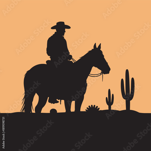 Cowboy on horseback silhouette in a desert landscape with cacti and plants during sunset