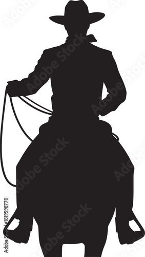 Cowboy on horseback silhouette with lasso facing forward on a transparent background
