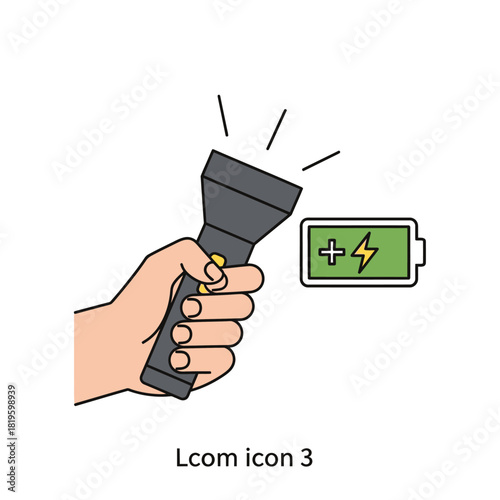 Hand holding flashlight with battery icon showing power and energy.