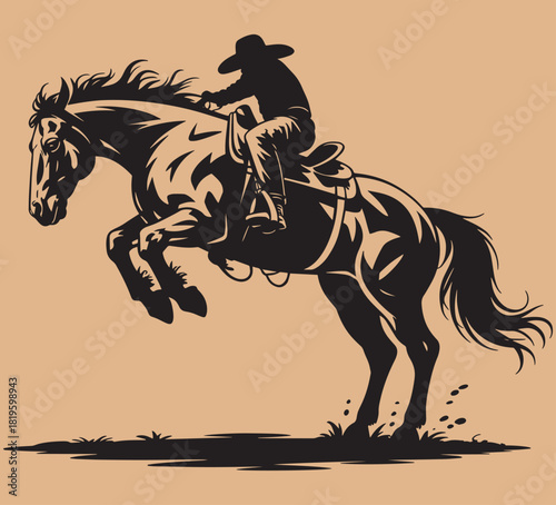 cowboy riding bucking horse black silhouette wild west rodeo scene vector art