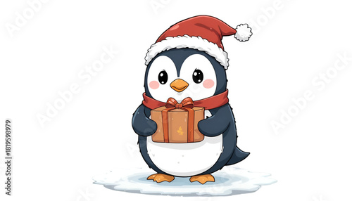 Cute Penguin Wearing Santa Hat Holding Christmas Present