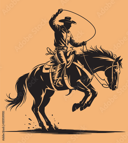Cowboy riding horse bucking bronco vector illustration