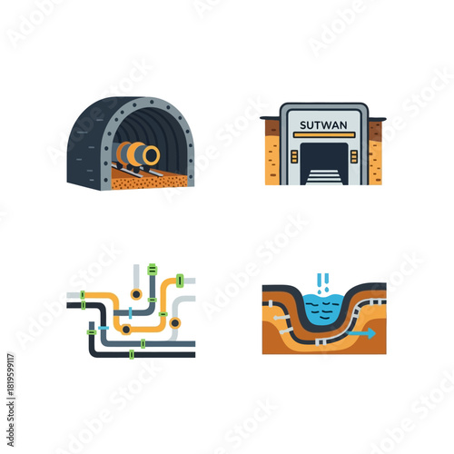 Illustrations of Underground Infrastructure - Tunnels, Pipes, and Water Systems.