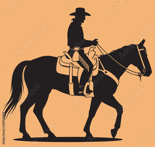 Cowboy riding horse on western landscape, traditional rodeo silhouette