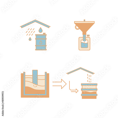 Industrial process illustration showing liquid collection and filtration.