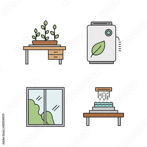 Indoor plants and air purifier with window and water feature.