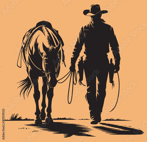 Cowboy walking with a saddled horse at sunset, western ranch lifestyle
