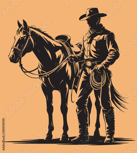 Cowboy with horse and lasso standing vector illustration