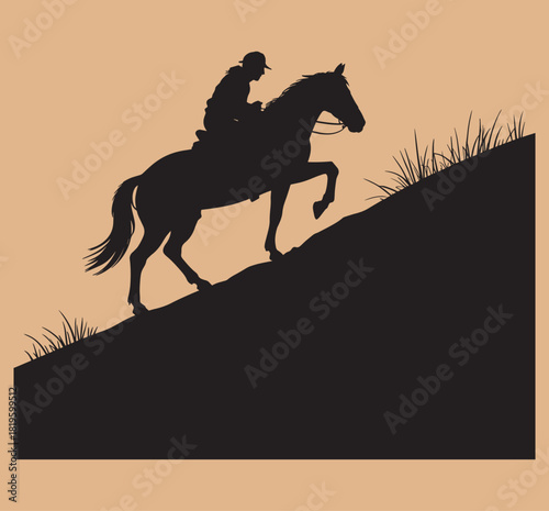 Equestrian climbing uphill, horse and rider silhouette on a natural earth tone background