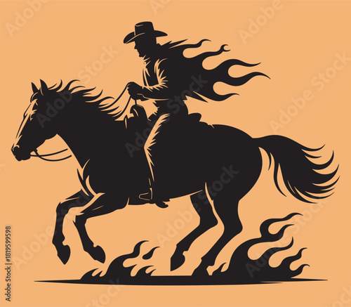 Fiery cowboy riding a blazing horse with dynamic flames erupting around them