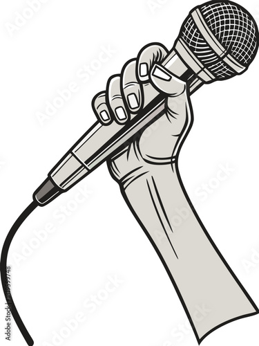 Hand with microphone on right side on isolated background | Hand with microphone without background