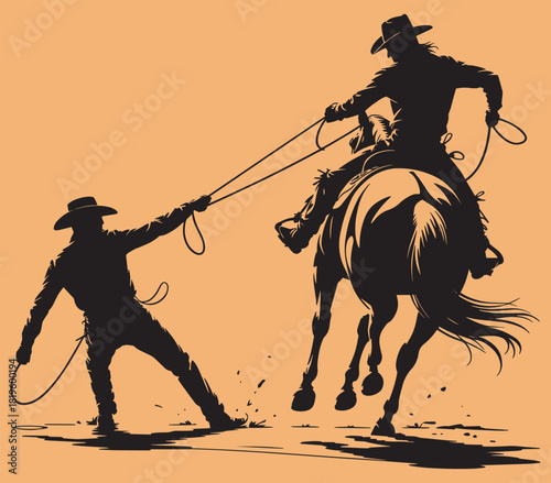 Two cowboys roping a bucking horse with lasso, wild west action silhouette