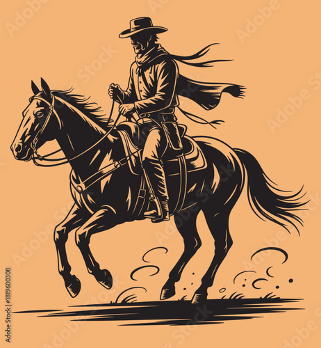 Western cowboy on galloping horse creating dust on an open plain background