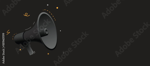 Black Megaphone Announcement Banner with Copy Space. Vector illustration.