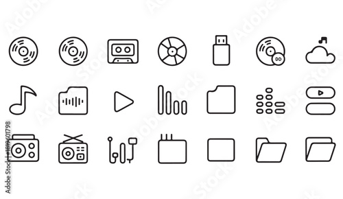 Minimalist multimedia icon set including audio tracks, USB drive and file management tools