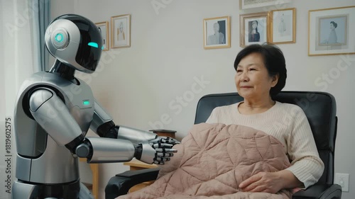 Humanoid robot comforting an elderly woman with gentle head and camera movement