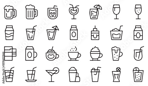Thin line icons of coffee, wine, beer and mixed drinks for café, bar and restaurant menu designs