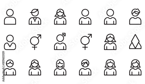 Modern line style gender and avatar collection depicting equality, community and social interaction