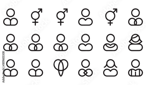 Minimalist avatar and gender icon collection showing male, female and neutral identity styles