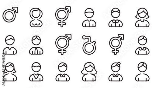 Line icons of gender symbols and user profiles representing diversity, identity and demographic concepts