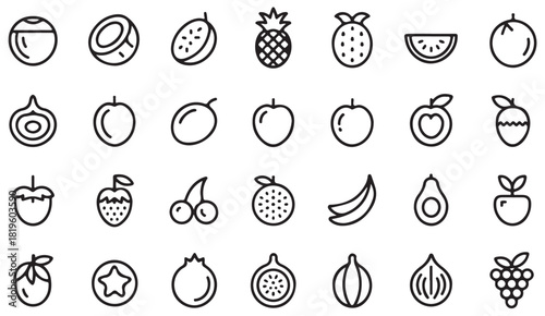 Line art fruit illustrations including banana, strawberry, papaya and peach for farming and organic branding