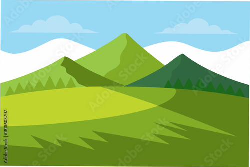 Green mountains and fields