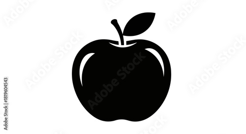 Vector illustration of black apple icon with a leaf