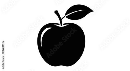 Vector illustration of black apple silhouette with a leaf and stem