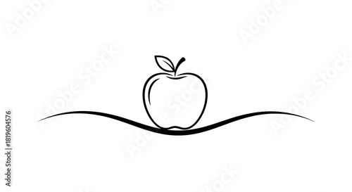 Vector illustration of simple line art drawing of an apple with a leaf on a decorative wavy line