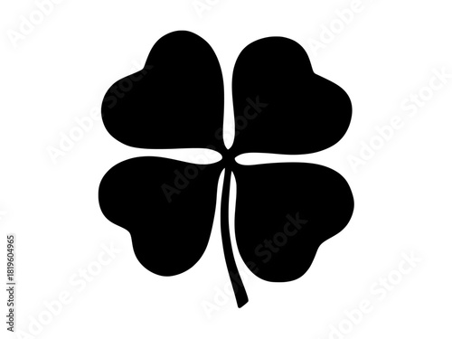 Black four-leaf clover silhouette with heart-shaped leaves, high-contrast vector-style clipart ideal for St. Patrick's Day, luck icons, logos, printables, crafts and minimalist design projects.
