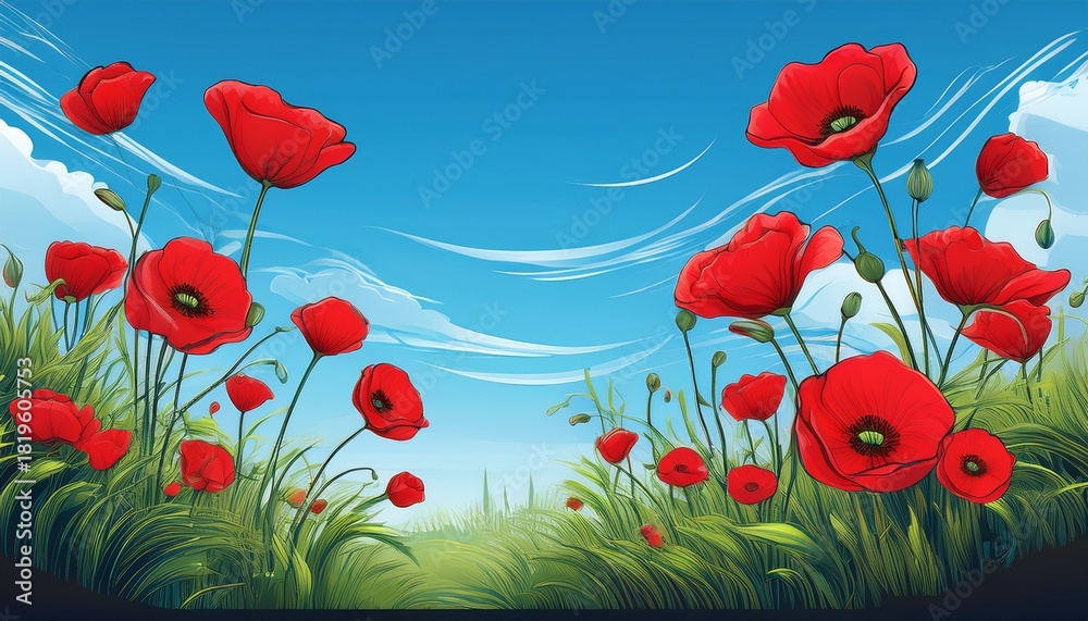 Obraz premium vibrant red poppies sway gently against clear blue sky symboliz