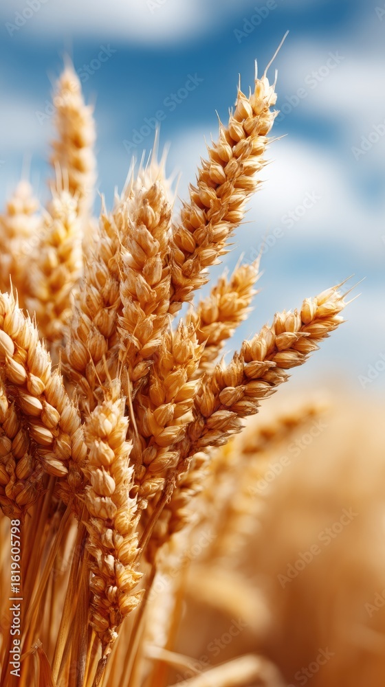 Naklejka premium Wheat plants sway gently in the breeze beneath a blue sky with soft, white clouds, creating a serene countryside scene