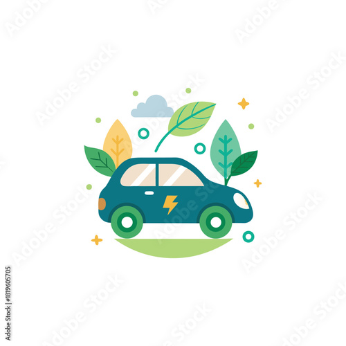 Electric car illustration with leaves showcasing green renewable energy sources