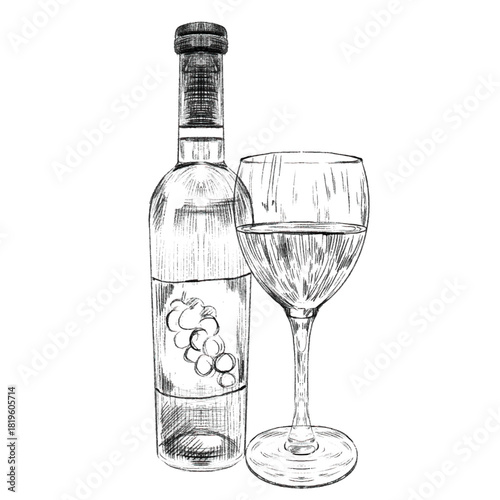 Wine bottle and wine glass vector graphic drawing. Winemaking products in sketch style. Vector illustration isolated on white. Classical alcoholic drink. Design For web, info graphics, menu design