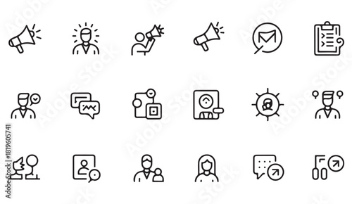 Vector icon set of speech bubbles, megaphones, user profiles and digital communication symbols