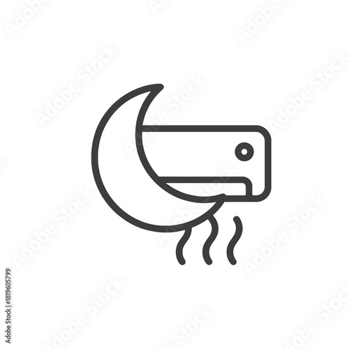 Fine line AC sleep mode icon with moon, ideal for night cooling functions, energy-saving features and quiet airflow visualization