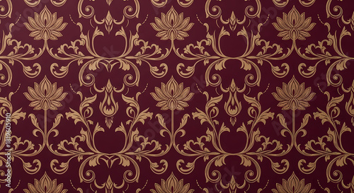 Ornate floral pattern in gold on a dark red background with symmetrical lotus flower and vine design