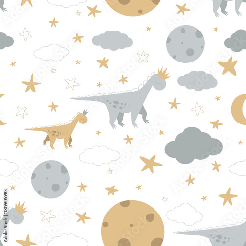 Dinosaurs roam among clouds and space bodies, seamless pattern with night sky and moons, cute dinosaur with mom sleeping in the sky among clouds and stars, dino in space, 
